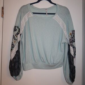 Free People Mint Green Sweatshirt with Patterned Sleeves